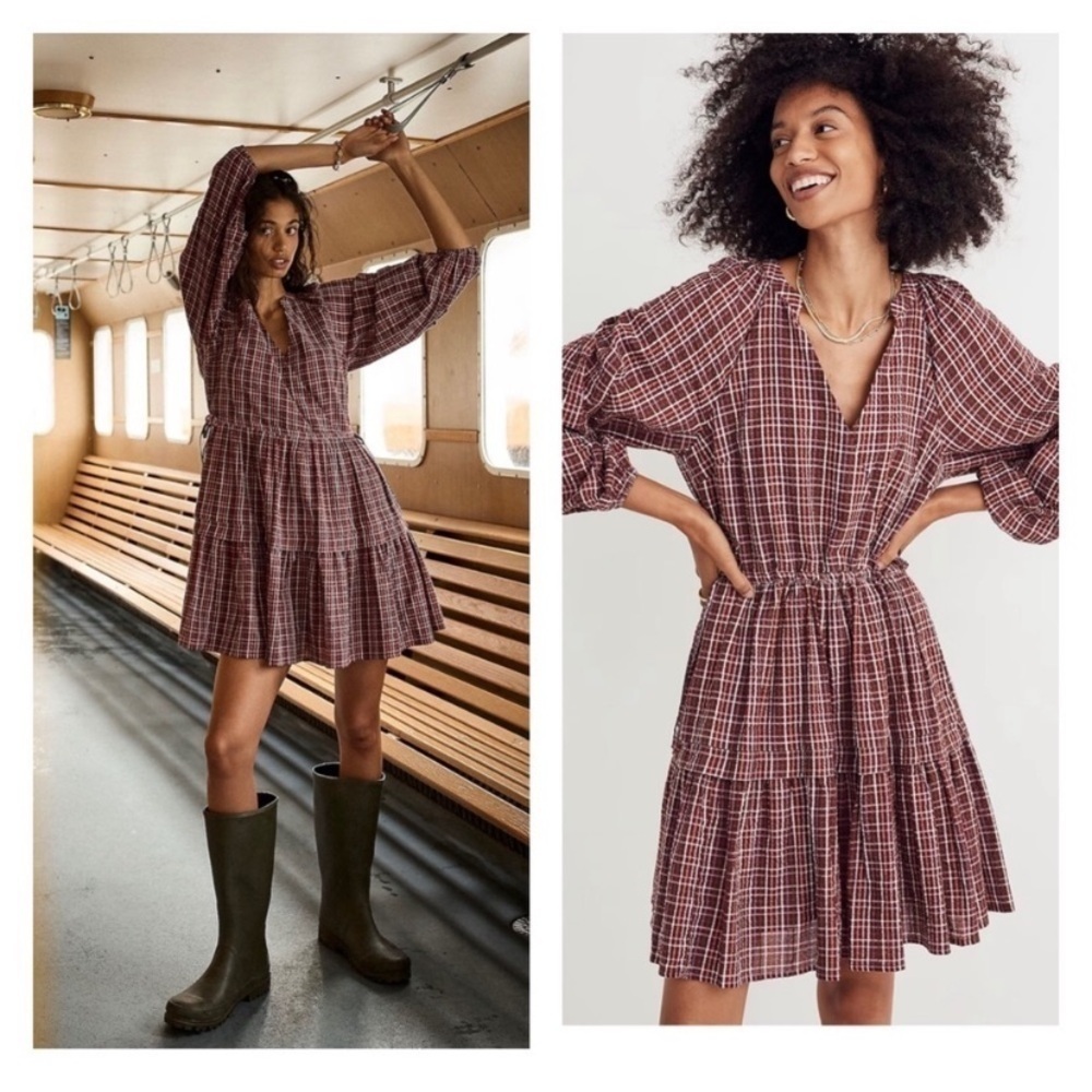 Madewell Seersucker Wrap Mini Dress Dark Merlot Plaid XS